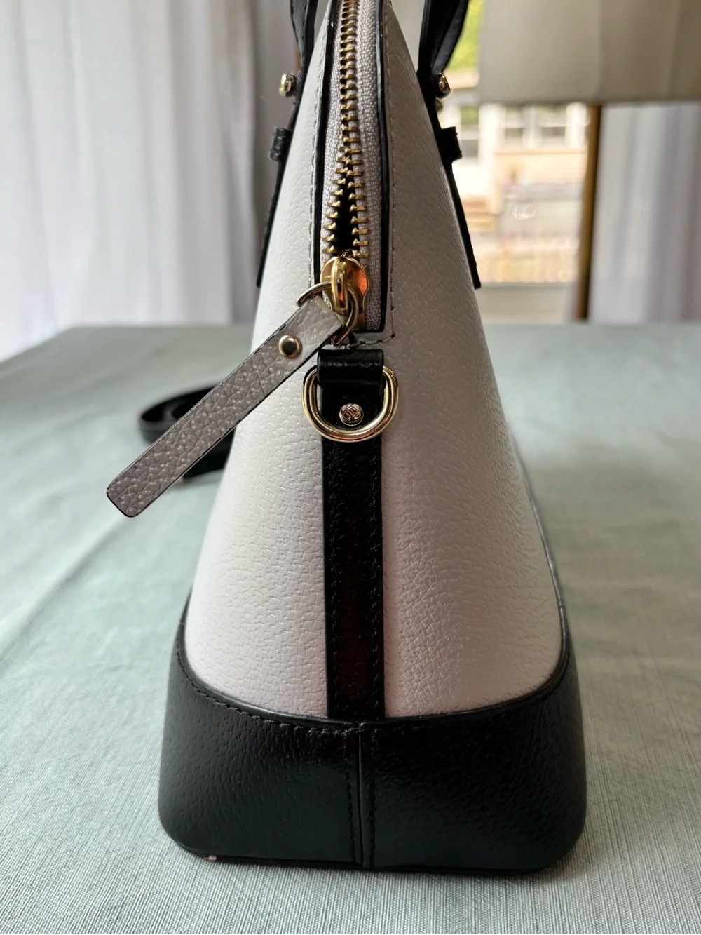 kate spade Black and Dove Gray Leather Dome Satchel with Removable Strap
